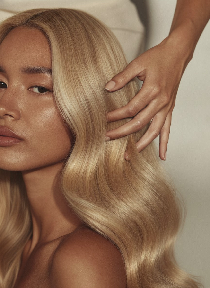 Blonde vrouw met golvend haar, hand van stylist in haar haar
